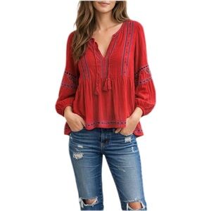 GAP Boho Peasant Blouse Red Orange Blue Embroidery V-Neck 3/4 Sleeve Size XS